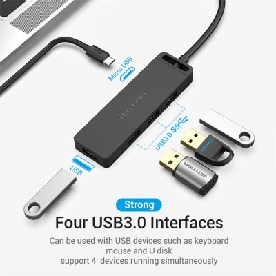  USB  Vention TGKBB Type-C to 4-Port USB 3.0 Hub with Power Supply Black 0.15M ABS Type - #1