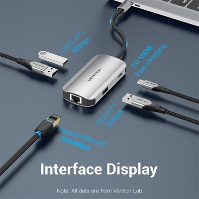  USB  Vention TNFHB USB-C to USB 3.0x3/RJ45/PD Hub 0.15M Gray Aluminum Alloy Type - #2