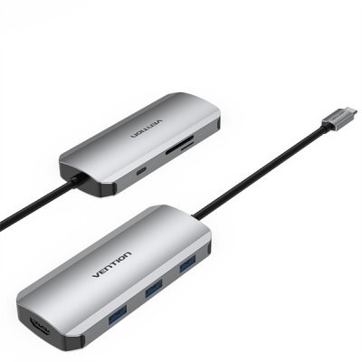  -   Vention TOJHB USB-C to HDMI/USB 3.0x3/SD/TF/PD Docking Station Gray 0.15M Aluminum Alloy Type
