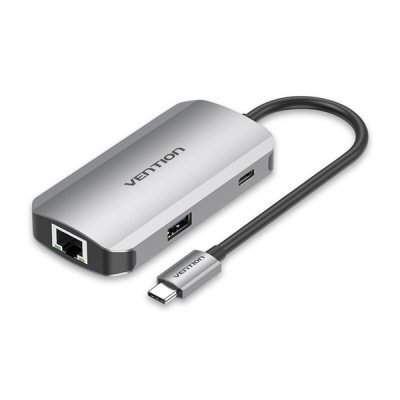  USB  Vention TNFHB USB-C to USB 3.0x3/RJ45/PD Hub 0.15M Gray Aluminum Alloy Type